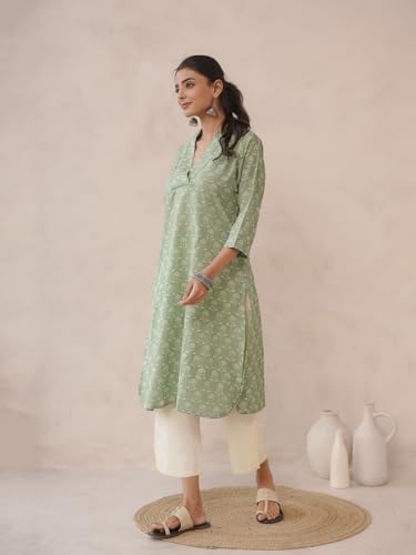 Image of GOODHAND Women Cotton Block Printed Kurta, Straight Fit Ethnic Kurti for Daily,Office & Casual Use