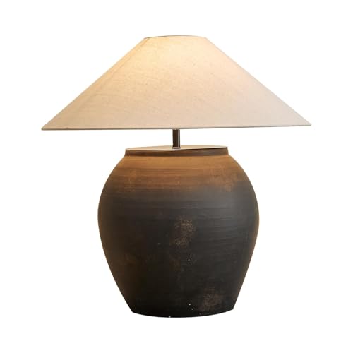 Lámpara de Mesa de cerámica con Sombra de Lino de algodón, Estilo WABI Sabi, Base E27 para Sala de Estar, Dormitorio o Estudio