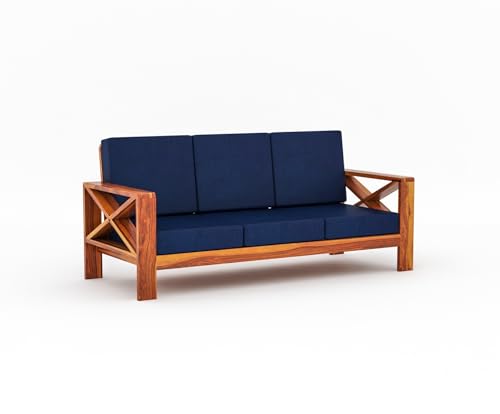 Image of Sheesham Wooden 5 Seater Sofa for Living Room | Rosewood 5 Seater Cushion Sofa X-Legs | Solid Wood Sofa Set for Lounge (3+1+1,Honey Finish)