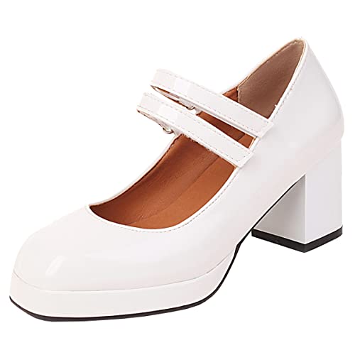 Betastella Women's Platform Block Heel Mary Janes Patent Leather Square Toe Ankle Strap Chunky Pumps