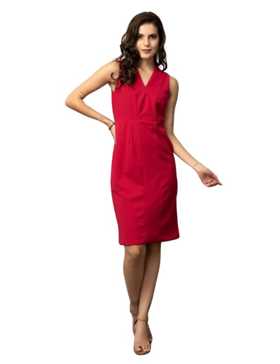 BEATNIK Women’s Pink Mesrati Bodycon Sleek V-Neck Sleeveless Midi Dress for Summer Parties Shirt Dress for Women