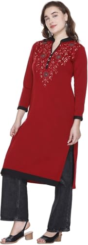 Image of Rosary Women's Winter Woolen Kurti Embroidered Straight Fit Ethnic Wear with 2 Side Pockets