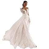 Mermaid Wedding Dresses for Bride Lace Beach Tulle Applique V-Neck Boho Bridal Dress with Detachable Train White