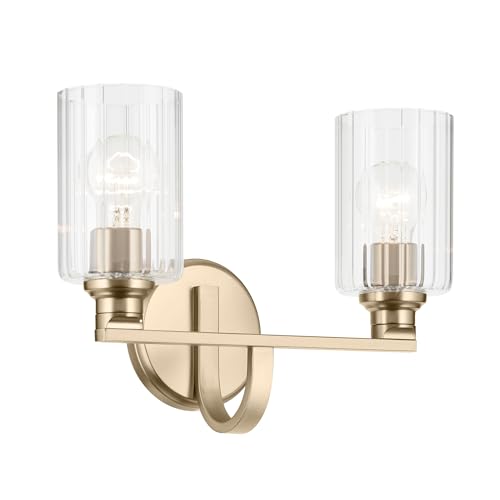 Image of Kichler Gioe 2-Light Vanity Light Fixture 14.25 inch Bathroom Light with Clear Fluted Glass in Champagne Bronze for Bathroom Vanity Over Mirror (14.25 inch W x 10.5 inch H), 55225CPZFLU