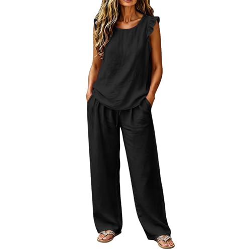 Set Top Volantes Sin Mangas y Pantalón Pierna Ancha Mujer Verano, Cintura Elástica Ajustable Coordinado Viaje Playa Vacaciones, Ropa Hogar Casual Holgado Cómodo Elegante Fresco(Black, S)