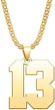 NanMuc Men Number 13 Necklace for Athletes 18K Gold Plated Sports Initial Stainless Steel Necklace Pendant Personalized Jewelry 3mm Chain