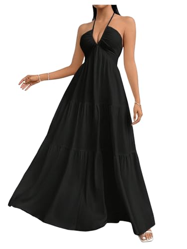 Image of SHENHE Women's Deep V Neck Tie Knot Backless Halter Dress A Line Flowy Ruffle Maxi Dress