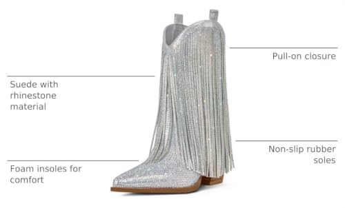 Image of Ouepiano Cowboy Boots for Women - Cowgirl Rhinestone Boots with Sparkly Fringe Pointed Toe Western Boot Chunky Heel Pull-On Wide Calf Botas Vaqueras