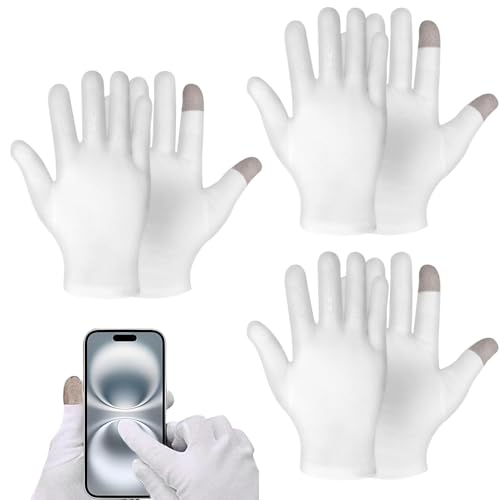 3 pares de guantes de algodón blanco,Guantes de algodón para manos secas,Hidratante,Eccema cosmético,Handspa y Inspección de Joyas,Guantes de tela transpirable elásticos lavables