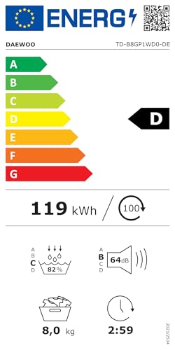 Daewoo TD-B8GP1WD0-DE Wäschetrockner Frontlader, D, 8 kg Wärmepumpentrockner, 15 Programme mit Kurzprogramm, LED-Trommelbeleuchtung, Knitterschutz, Weiß