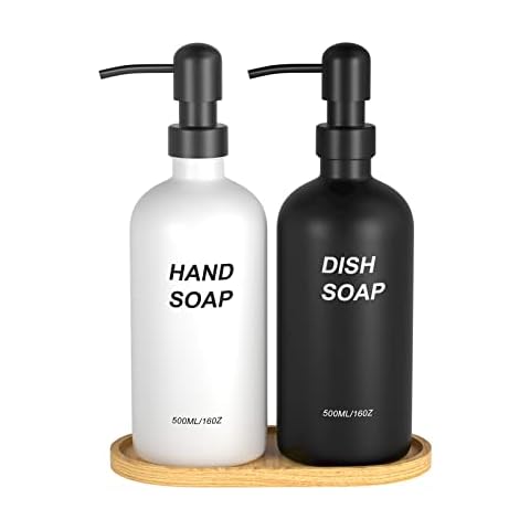 Glass Soap Dispenser Set, Contains Glass Hand Soap Dispenser and Glass Dish Soap Dispenser. Kitchen Soap Dispenser Set Suitable for Black and White Kitchen Decor. (Black & White) Cover
