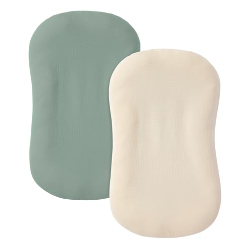 Image of guruixu Muslin Baby Lounger Cover 2 Pack, 100% Cotton Infant Lounger Cover, Soft & Breathable Replacement Slipcover, Compatible with Snuggle Me Newborn Lounger (Roman Green,Cream)