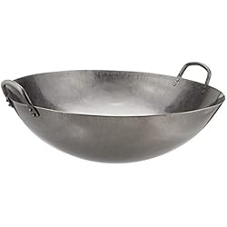 Wok De Metal JADE TEMPLE Wok en Acero al Carbono con Base Redonda de 45 cm de diámetro y Doble Mango, Metal, Gris, 50 cm