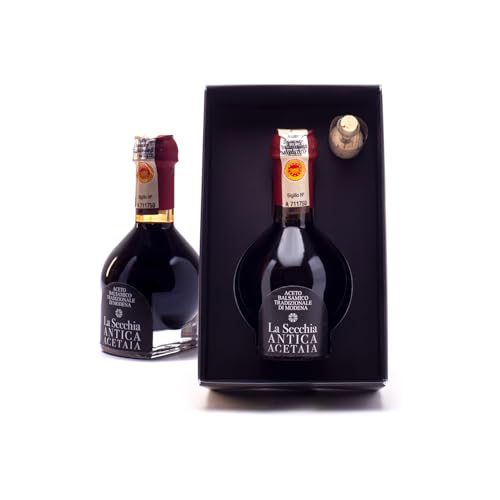 La Secchia - 'Affinato', Vinaigre Balsamique Traditionnel de Modène DOP avec Vieillissement minimum de 12 ans, Flacon de 100 ml avec Bouchon Doseur en Verre Soufflé, Coffret Cadeau