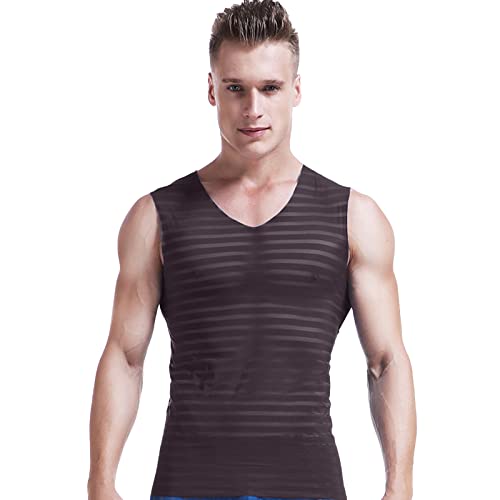 Eauptffy Maillot de corps couleur chair hommes été respirant soie glacée t-shirt sans manches doux culture fitness mouvement col en V élégant chemisier débardeur robe homme, marron, XXXL