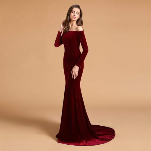 Off Shoulder Velvet Prom Dresses Mermaid Long Sleeves Formal Evening Party Gowns with Court Train pp1234