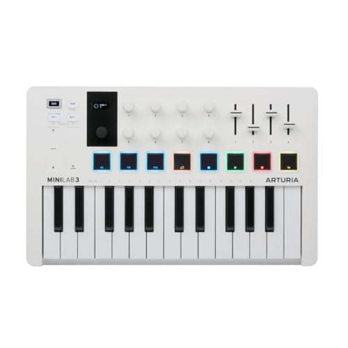 arturia minilab 3 - universal midi controller for music production with all-in-one software package - 25 keys 8 multi-color pads - white