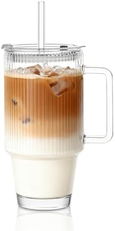 KEMORELA Gobelets en verre côtelé de 710 ml avec couvercles et pa...