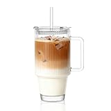 Mango práctico para un fácil agarre: diseñado con un mango cómodo, este vaso de vidrio transparente es fácil de sostener y transportar. El compañero perfecto para tu café helado matutino o batido de la tarde, asegurando un agarre seguro mientras disfrutas de tus bebidas.