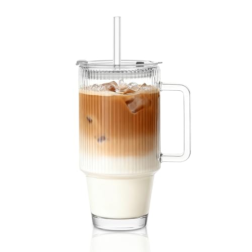 KEMORELA Bicchieri in vetro a coste da 680,4 g, con coperchio e cannucce, tazza in vetro a coste con manico, bicchieri per caffè freddo, trasparenti, riutilizzabili, per frullati e bevande (motivo a
