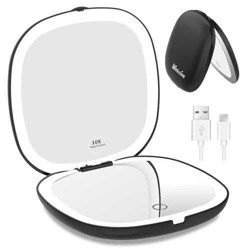 WOBSION Miroir de Poche Rechargeable, Miroir de Voyage Grossissant 1x/10x avec Lumière LED, Miroir de Maquillage Double Face pour Sac à Main, 10cm, Noir