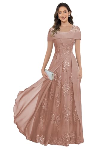 Lvminweaz Lace Appliques Mother of The Bride Dresses for Women Dusty Rose Chiffon A Line Formal Evening Dresses with Cap Sleeves Size 12