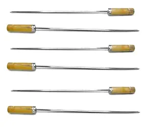 Dynore Stainless Steel 15 Inch Portable Barbeque Skewers with Wooden Handle -(Set of 6) BBQ Grill Stick for Kitchen Cooking Tools