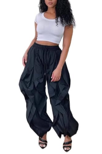 LROSEY Women Baggy Ruffle Wide Leg Pants Trendy Casual Y2k Drawstring Cargo Joggers with Pockets
