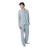 TRAMAS+ Pijama de Hombre Camisero Largo,100% Algodón, con Manga Larga y Pantalón Largo, Conjunto de Ropa para Dormir Entretiempo -L, Cuadro Roc Verde Azulado