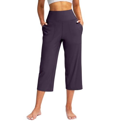 Yoga Pants with Pockets for Women Petite Cropped High Waisted Leggings Tummy Control Loose Comfy Butter Soft Straight Leg Pants Baggy Wide Leg Work Pant 2025 Summer Casual Crop Pant Streetwear