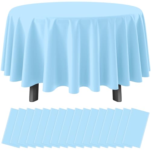 Image of 16 Pack Light Blue Plastic Tablecloth for Round Tables, Premium Decorative Baby Blue Disposable Table Cloths for Parties, Round Party Table Cover for Birthday Wedding Baby Shower Party, 84 Inch