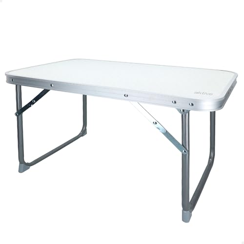 AKTIVE Mesa playa plegable, Mesa baja playa, 60x40x40cm, color blanco, estructura de metal, tablero de madera, mesa plegable camping pequeña, tacos antivuelco (52836)