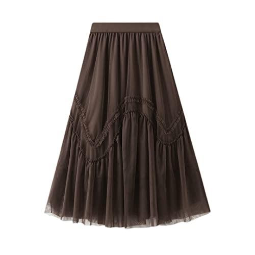 Jupe mi-longue plissée en tulle marron ornée de dentelle délicate haut de gamme