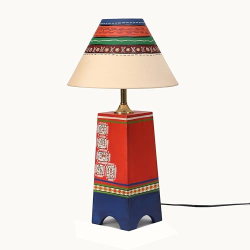 Image of AAKRITI ART CREATIONS Pyramid-I Wooden Table Lamp in Red with Wali Art Paintings & White Shade | Multi Color Wooden Lamp | Matte Finish Home Decor Lamp