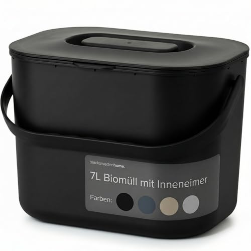 Black Sweden Home Poubelle de Cuisine 7L pour Compost - Seau à Déchets Alimentaires Inodore avec Couvercle -Passe au Lave-Vaisselle & Écologique- Organisateur de Cuisine pour un Usage Quotidien | Noir
