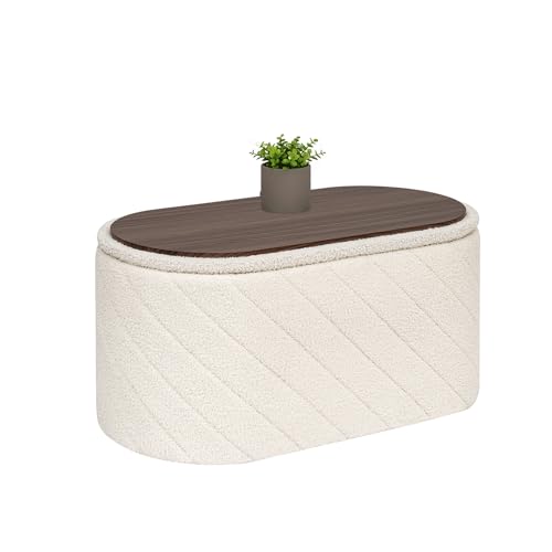 Bonlife Oval Ottoman with Storage Bench, Folding Foot Rest with Lid, Boucle End of Bed Bench,Foostool for Living Room,Bedroom,Entryway,White,76x38x38cm