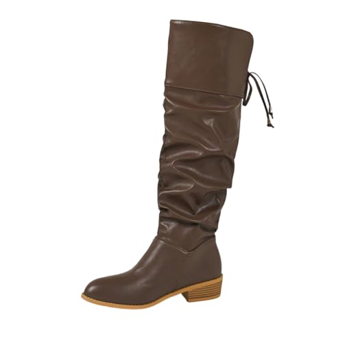 Bottes d'hiver longues à lacets style occidental avec talon carré et bout pointu uni café