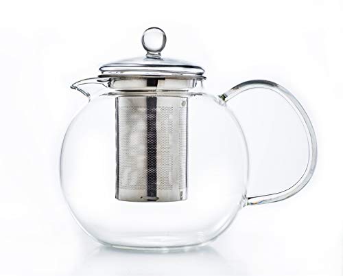 Creano Tetera de vidrio, tetera de vidrio de 3 piezas con colador de acero inoxidable integrado y tapa de vidrio, ideal para preparar tés sueltos, sin goteo, todo en uno Acero inoxidable 0.85L - Imagen 6