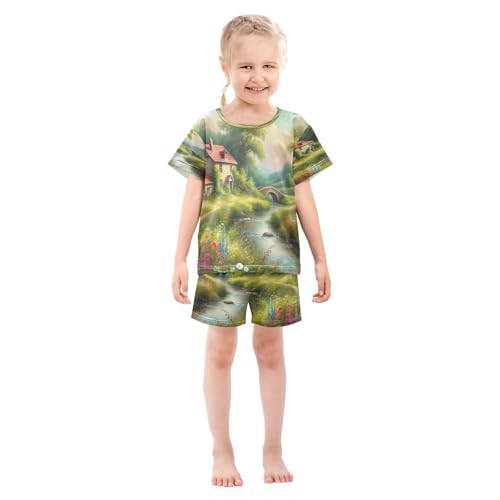 Flowers Stream Pajama Set Short Sleeve Summer Pajamas Sleepwear Nightwear Set Cotton 5Y3