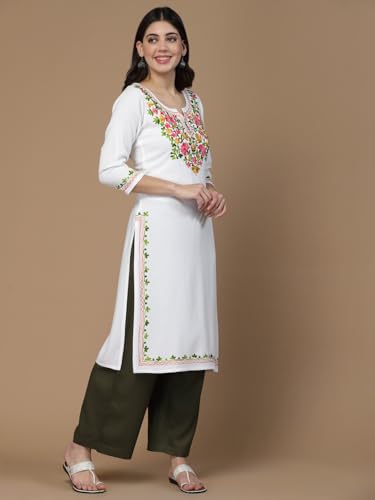 Image of QAZMI Women's Floral Aari Embroidered Viscose Rayon 3 /4 Sleeves Straight Kurta
