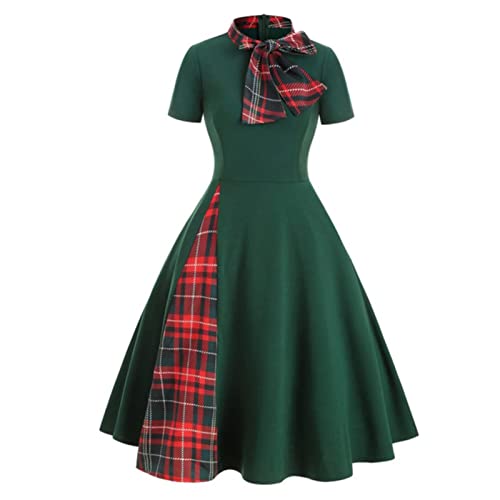 QIANKUN Rotes kariertes Vintage-Midikleid mit Fliege am Ausschnitt, lässiger Bademantel, kurzärmelig, Sommer, A-Linie, elegantes Kleid, grünes...
