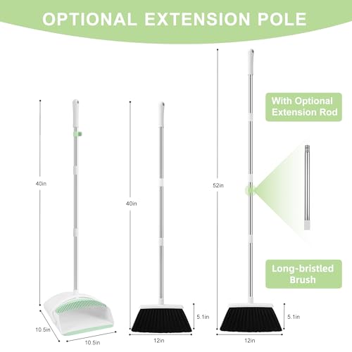 Image of Broom with Dustpan Combo Set for Home, 52-in Long Adjustable Handle Angle Broom and Dustpan Set with Dustpan Comb Teeth for Sweeping Pet Hair Food Dirt Kitchen (White-Green)