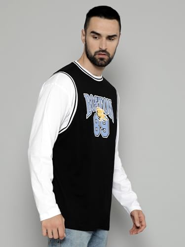 Image of Maniac Mens Solid Round Neck Half Sleeve Black and White Cotton Oversized T-Shirt