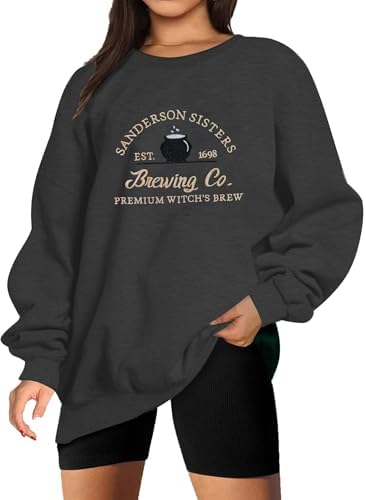 BEIDEFY Halloween Sweatshirts for Women Sanderson Sisters Embroidery Halloween Sweatshirt Hocus Pocus Crew Neck Pullover Dark Gray