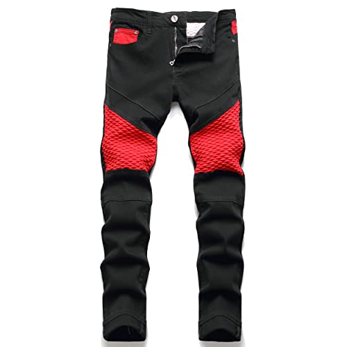 Image of RXXKKK Men's 15XX Moto Biker Slim Fit Stretch Jeans, 1501 Black Red, 30
