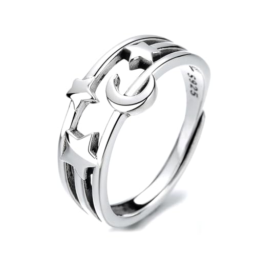 Image of IMINI Crescent Moon Star Open Eternity Promise Rings Sterling Silver 925 Adjustable Vintage Layered Statement Stacking Engagement Ring Finger Band Fashion Jewelry Gifts for Women Girls BFF