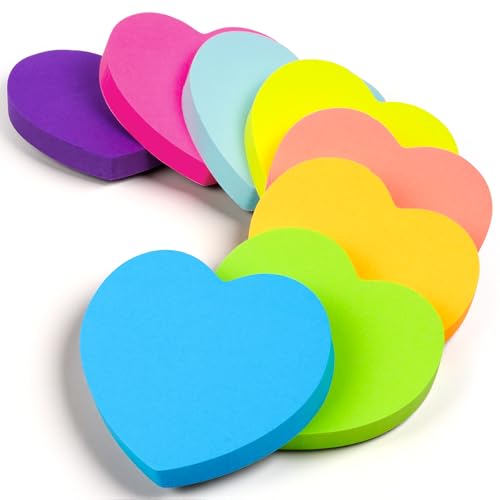 AUAUY Hojas Notas Adhesivas en Forma de Corazón, Pack de 8 Bloc Notas, 100 Hojas por Bloc, 70 mm x 68 mm, Colores para Lista Tareas Pendientes, Notas Libros de Texto y Recordatorios Oficina