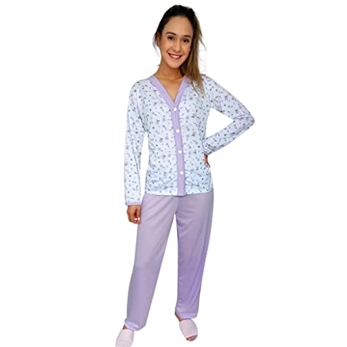 Pijama Inverno Longo De Frio Aberto Com Botões Amamentação Tamanho:G;Cor:Lilás