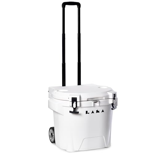 Image of Laka Cooler with Wheels - 30QT Rotomolded Insulated Rolling Hard Cooler, Telescoping Handle, Holds 24 Cans + Ice, Up to 7 Days Cold, Drain Plug, Cup Holders + Bottle Opener, Beach /Camping /Boat