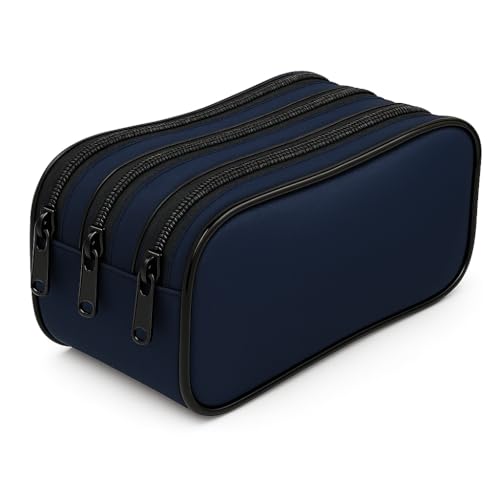 Estojo Escolar Triplo Com 3 Divisórias Organizador Com Zíper Em Poliéster Resistente (Azul)